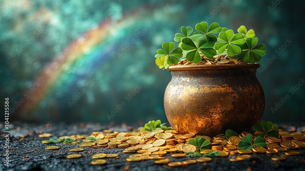 St. Patrick's day Banner with Pot of Gold Coins, Clover Leaves, and Rainbow St. Patrick's day Banner with Pot of Gold Coins, Clover Leaves, and Rainbow