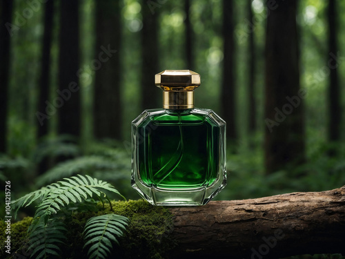 Oud Perfume bottle with agar wood concept photo