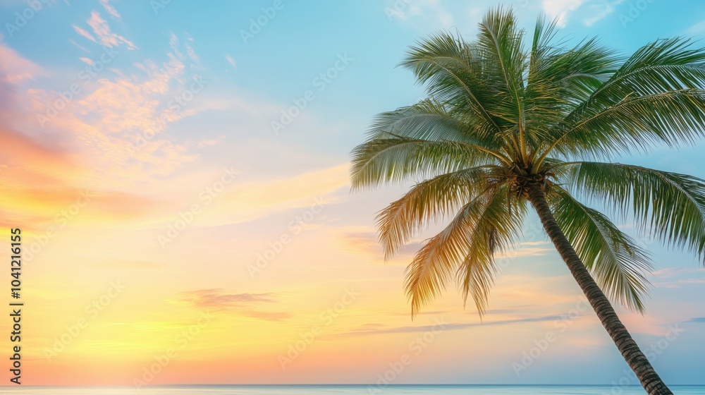 Tropical sunset with palm tree, vibrant colors, serene ocean view Tropical sunset with palm tree, vibrant colors, serene ocean view