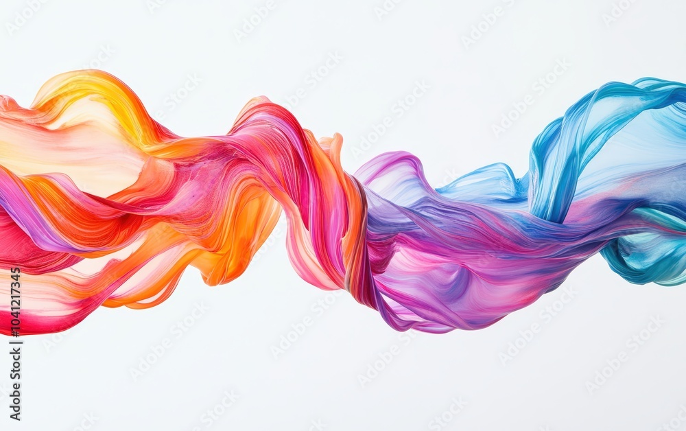 Smooth, vibrant ribbons of colored liquid paint flowing gracefully through the air, forming intricate, fluid patterns against a pristine white background. Smooth, vibrant ribbons of colored liquid paint flowing gracefully through the air, forming intricate, fluid patterns against a pristine white background.