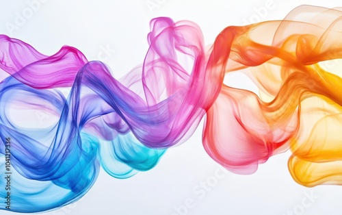 Smooth, vibrant ribbons of colored liquid paint flowing gracefully through the air, forming intricate, fluid patterns against a pristine white background. 