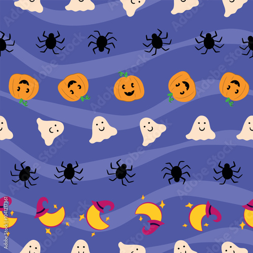 Halloween seamless pattern on purple striped background