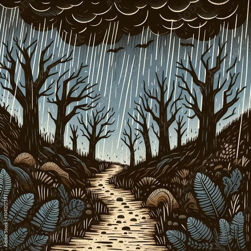 a dark forest path with dead, craggily trees and storm clouds in the sky. The image should have a quirky, handmade style and use a dark color palette. photo