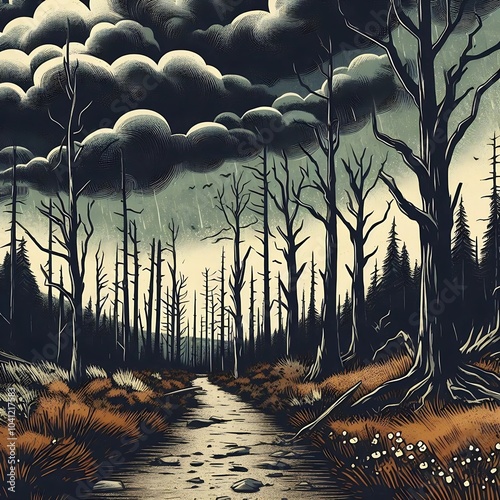 a dark forest path with dead, craggily trees and storm clouds in the sky. The image should have a quirky, handmade style and use a dark color palette. photo