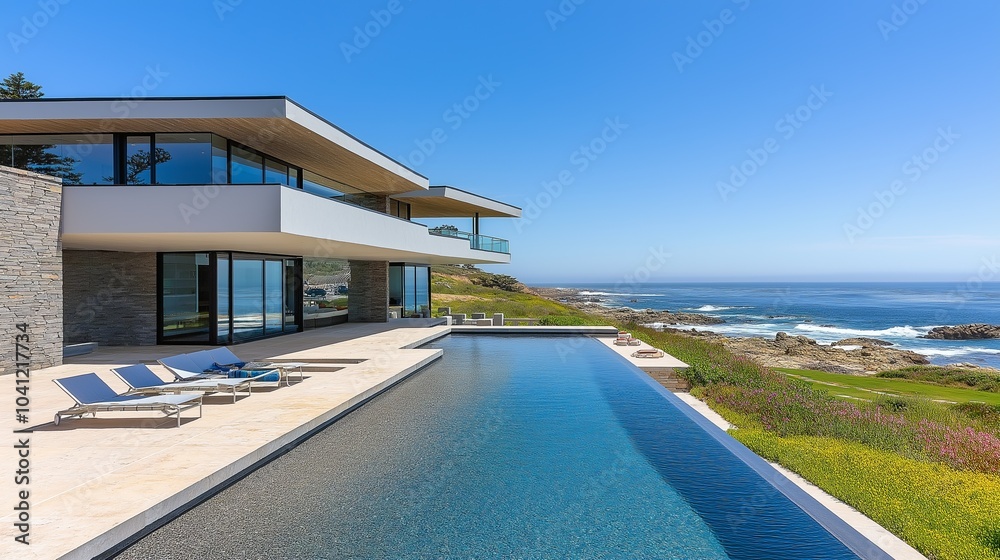 Fototapeta premium Modern house with infinity pool overlooking ocean.