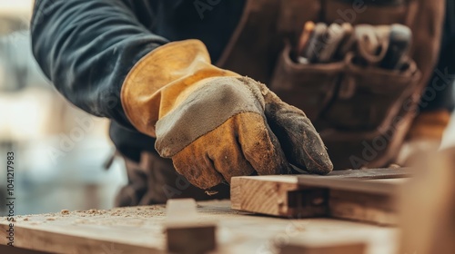 Carpenter s Hands Working With Wood  Closeup of Gloves and Tools photo