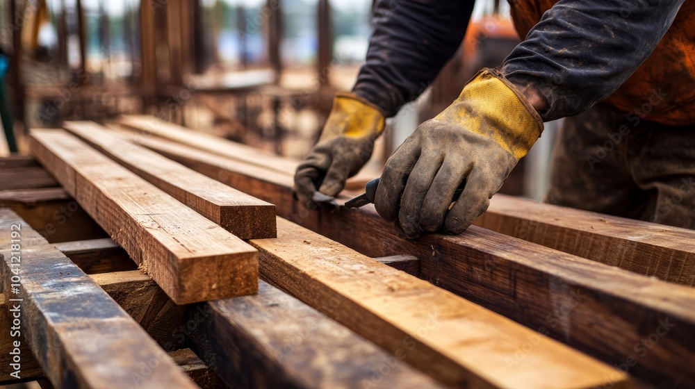 Carpenter Working with Wood Close Up of Hands with Gloves Construction Site DIY Project Carpenter Working with Wood Close Up of Hands with Gloves Construction Site DIY Project