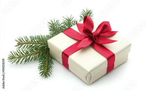 A beautifully wrapped gift box with a red ribbon and bow, placed beside a pine branch. 