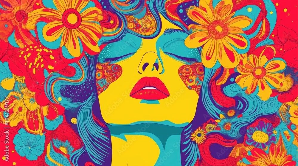 Vibrant woman face with flowers, colorful hair, artistic design, bold patterns Vibrant woman face with flowers, colorful hair, artistic design, bold patterns