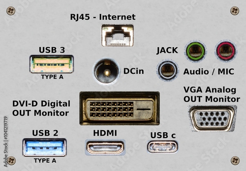 Computer sockets, RJ45 Internet. USB 3. DCin. Jack Audio MIC. DVI-D. VGA. USB 1-2. HDMI. USB c. On plastic mounting plate with screws. photo