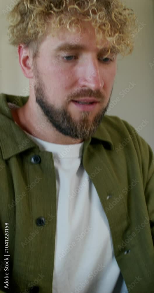 A man in casual clothes is typing on a laptop sitting at a table at home with a serious look. Daylight A man in casual clothes is typing on a laptop sitting at a table at home with a serious look. Daylight