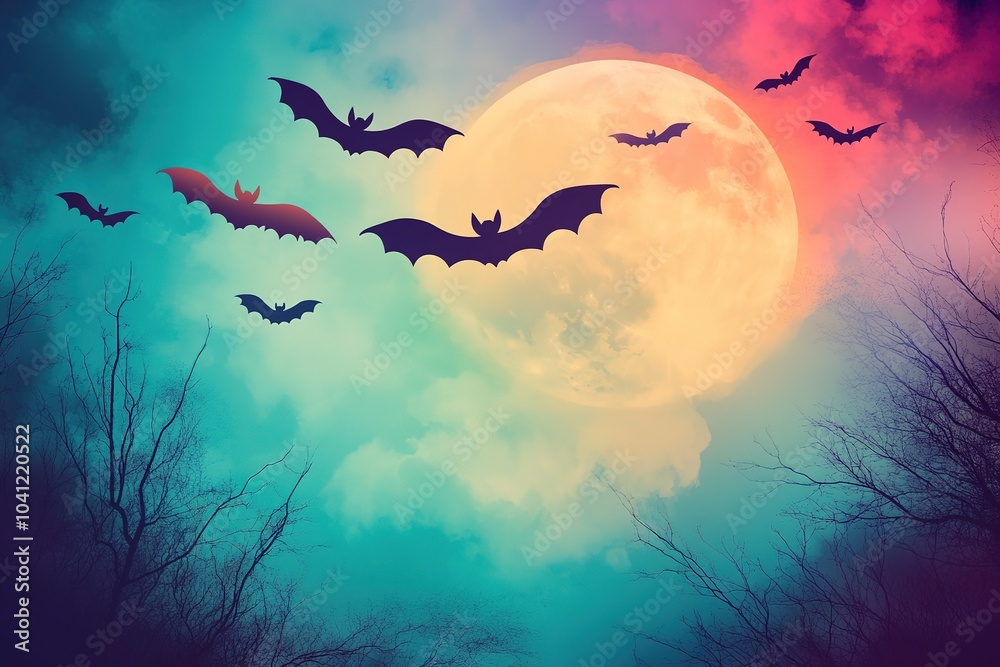 Bats flying against moon in twilight hues, eerie silhouette Bats flying against moon in twilight hues, eerie silhouette