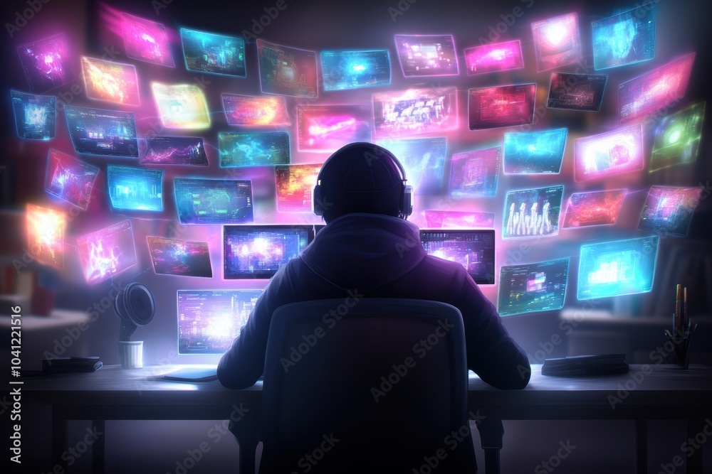 A focused individual using multiple screens, surrounded by vibrant digital displays, enhancing productivity and creativity. A focused individual using multiple screens, surrounded by vibrant digital displays, enhancing productivity and creativity.