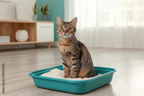 Adorable grey tabby cat sitting inside a litter box. Pet care. Domestic striped Cat looking at litterbox in a living room. Hygiene for pets. Feline wants to go to the toilet. Accustoming to the toilet photo