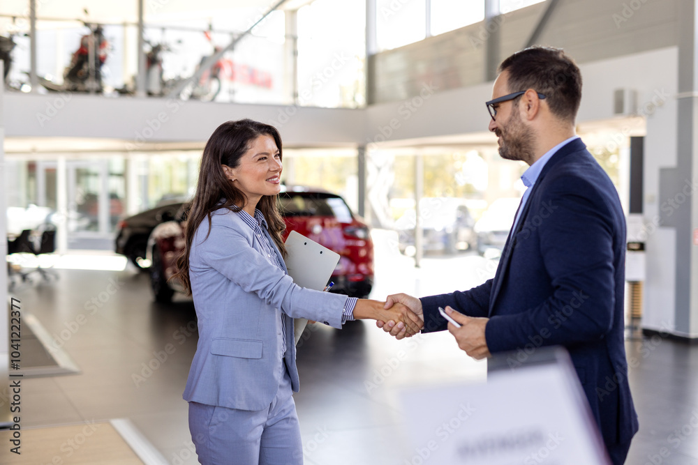 Smiling salesman or manager giving car keys and shakes hand to modern happy woman new car owner in car dealership Smiling salesman or manager giving car keys and shakes hand to modern happy woman new car owner in car dealership