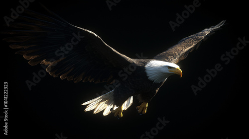 An eagle flying with its wings spread on a black background, with its claws hanging in the air photo