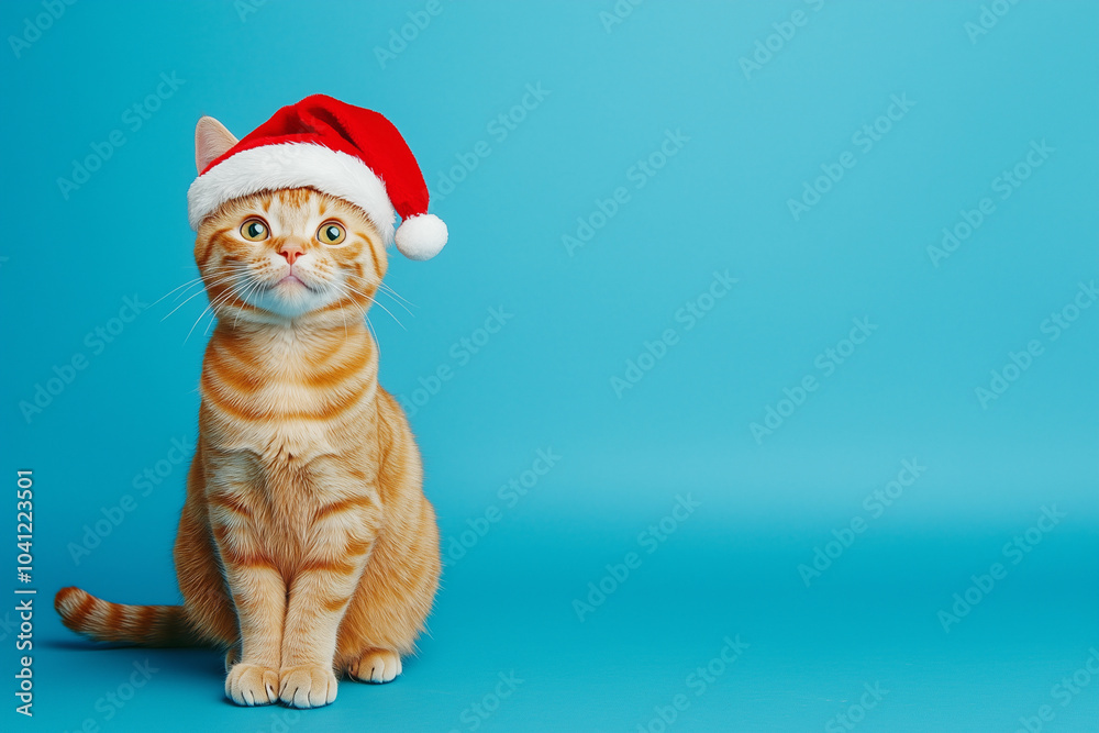 cat wearing a Santa hat is standing on a blue background. The cat is looking directly at the camera with a bright, curious expression. Concept of warmth and holiday cheer cat wearing a Santa hat is standing on a blue background. The cat is looking directly at the camera with a bright, curious expression. Concept of warmth and holiday cheer