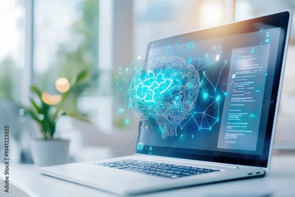 Fototapeta premium A futuristic laptop displaying artificial intelligence concepts with digital brain graphics and code, symbolizing tech innovation.