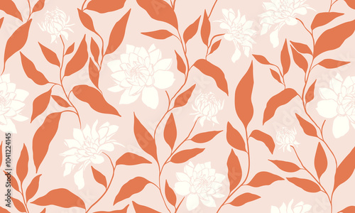 Pink background with dahlia flowers, seamless floral pattern, feminine wallpaper with botanical elements