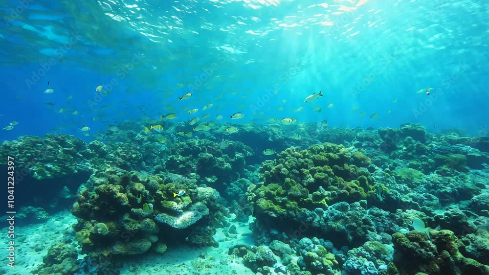 Panning video of a vibrant coral reef in crystal-clear waters midday with calm seas, colorful fish, and sunlight creating shifting patterns on the ocean floor