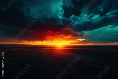 Fiery Sunset Over a Field with Dark Clouds