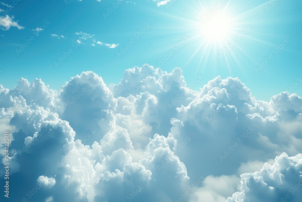 A View of White Puffy Clouds from Above with a Bright Sun Shining Through A View of White Puffy Clouds from Above with a Bright Sun Shining Through