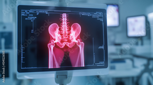 An advanced medical system displaying a detailed x-ray of the human pelvis and spine, highlighting anatomical structures in a clinical setting. photo