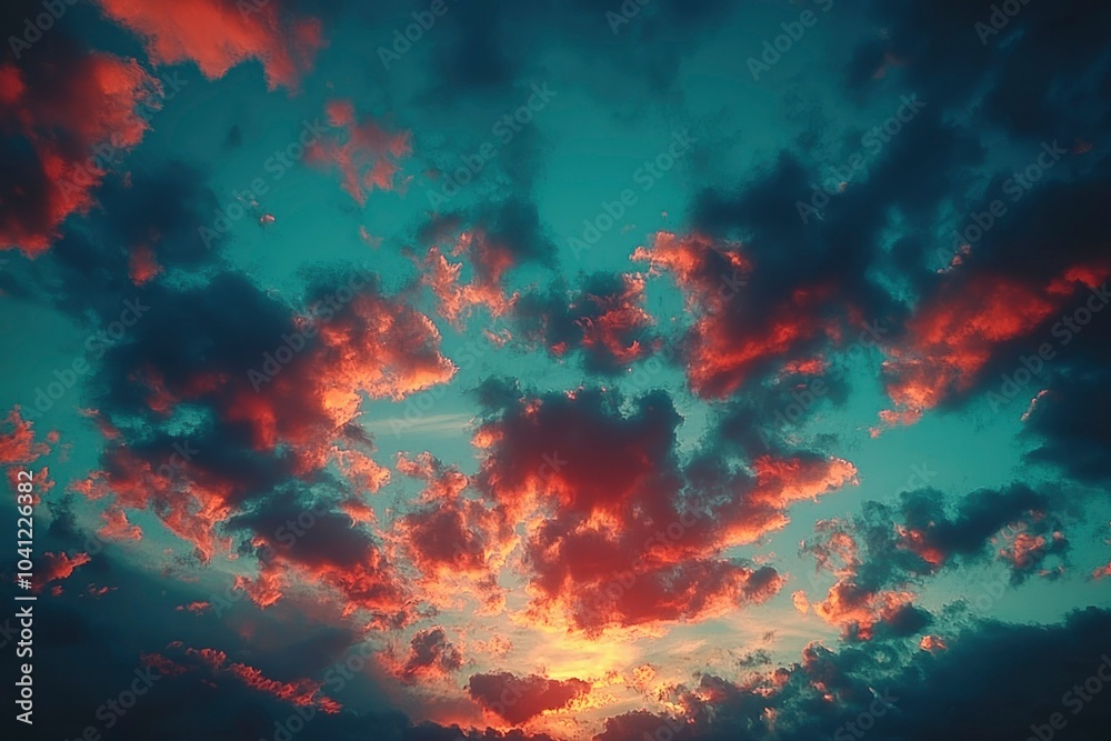 Dramatic Sunset Sky with Orange and Teal Clouds