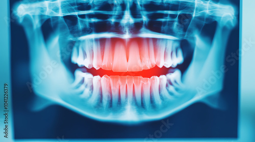 An X-ray image of a dental structure, highlighting dental health and abnormalities. Ideal for dental clinics and health education. photo