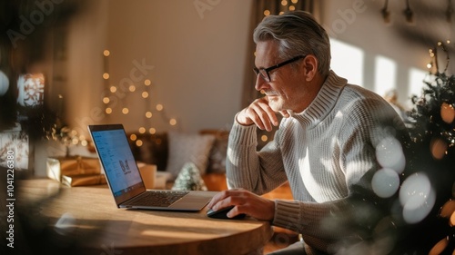 man with glasses doing online holiday shopping on laptop at home, cozy interior with holiday decorations in background