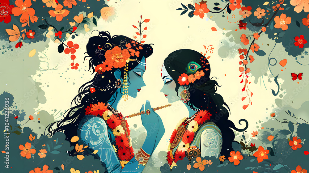 Fototapeta premium Divine love story of Hindu gods Radha and Krishna through a contemporary art 