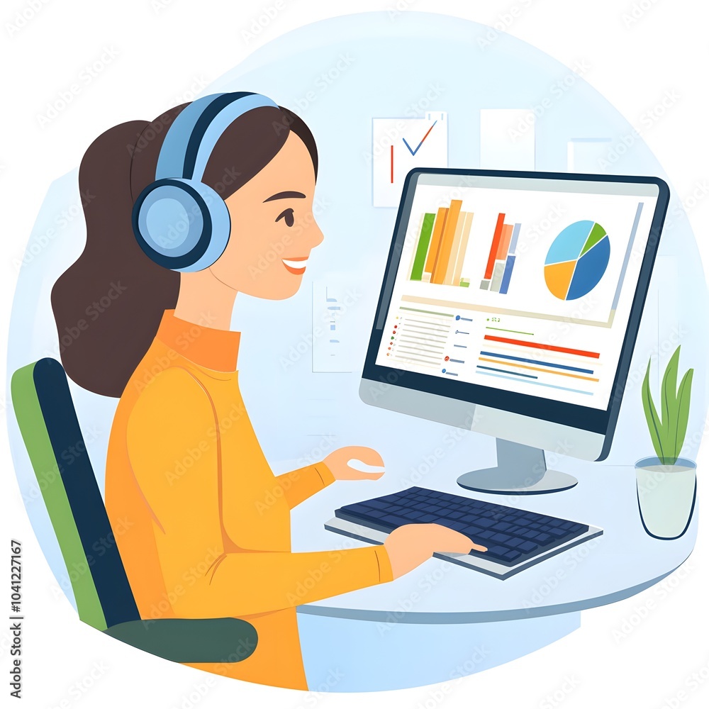 Woman Working on Computer with Charts and Graphs Woman Working on Computer with Charts and Graphs