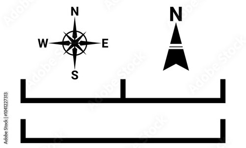 Black north symbols and scale bar . Map symbols