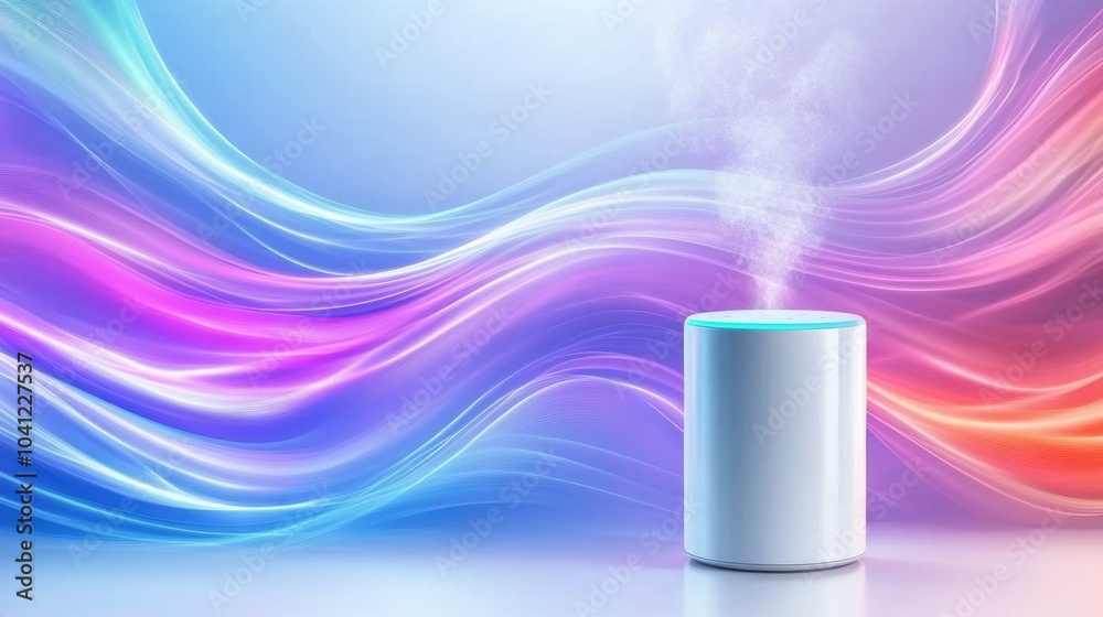 A modern aroma diffuser emits soothing mist in a colorful, abstract background, creating a calming ambiance for relaxation. A modern aroma diffuser emits soothing mist in a colorful, abstract background, creating a calming ambiance for relaxation.