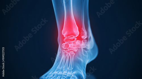 Digital representation of a human ankle, highlighting the joint area in red to indicate pain or injury against a dark background.