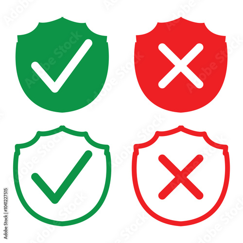 Shield with check mark and cross mark icon set. Protection and unprotection, green shield checkmark & red shield cross in eps 10. photo