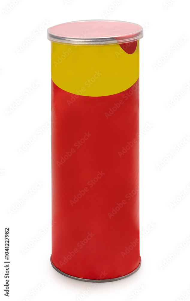 Fototapeta premium Mockup Potato chips cans on white background, Potato chips snack in orange bottle packaging isolate on white with clipping path. 