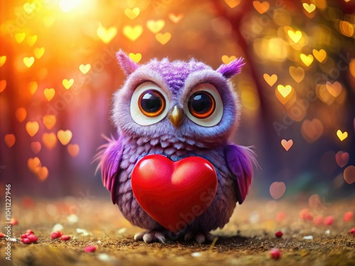 Cute Purple Love Owl Holding Heart - Valentine's Day Delightful Photography
