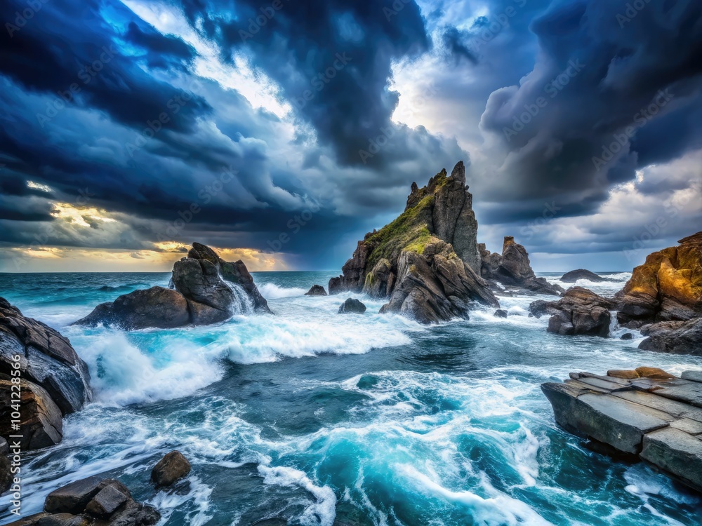 Fototapeta premium Dark Rocks and Blue Ocean Under Cloudy Sky - Dramatic Coastal Landscape Photography
