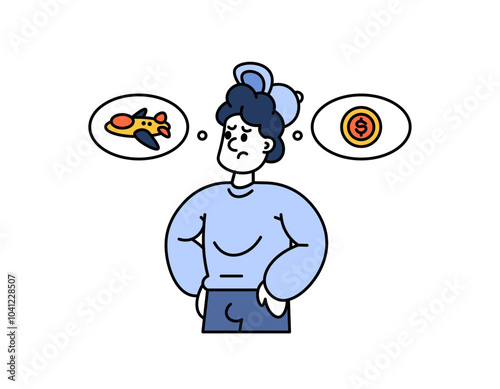 illustration of man thinking about travel cost. confused about the cost of flying. transportation cost problem for traveling. outline style character design. element