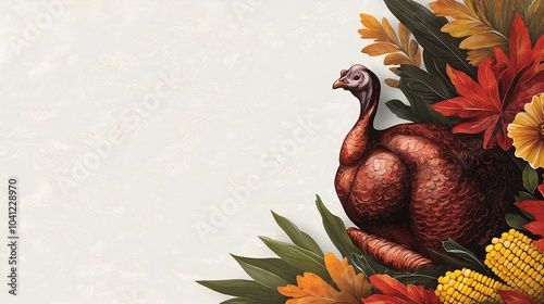 Artistic turkey surrounded by autumn foliage and corn photo