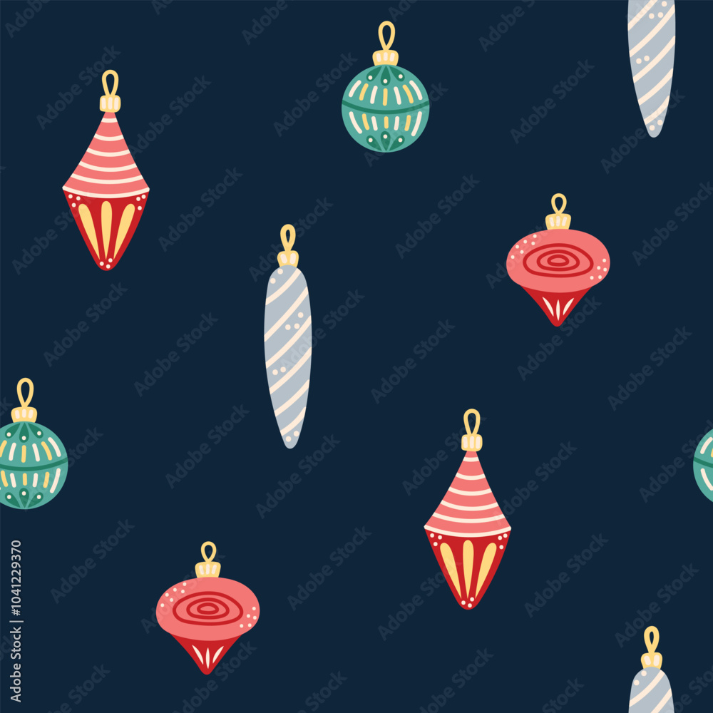 Seamless pattern with glass Christmas tree decorations on dark background. Christmas and New Year. Vector illustration. Seamless pattern with glass Christmas tree decorations on dark background. Christmas and New Year. Vector illustration.