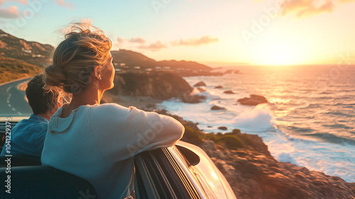 Reflective Mature Woman Sitting in a Car, Watching Waves Crash Against Rocks..