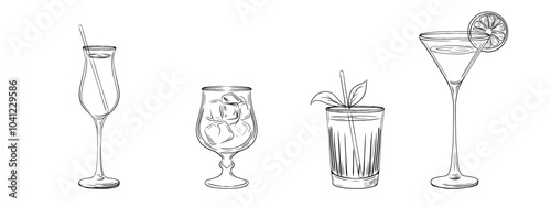 Set of glasses and goblets in ink sketch style. Elegant glasses for wine, cognac, whiskey, rum, glasses for cocktails, martini, vodka. Vector illustration isolated on transparent background 