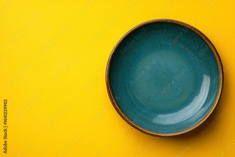 Blue Ceramic Plate on Yellow Background Blue Ceramic Plate on Yellow Background