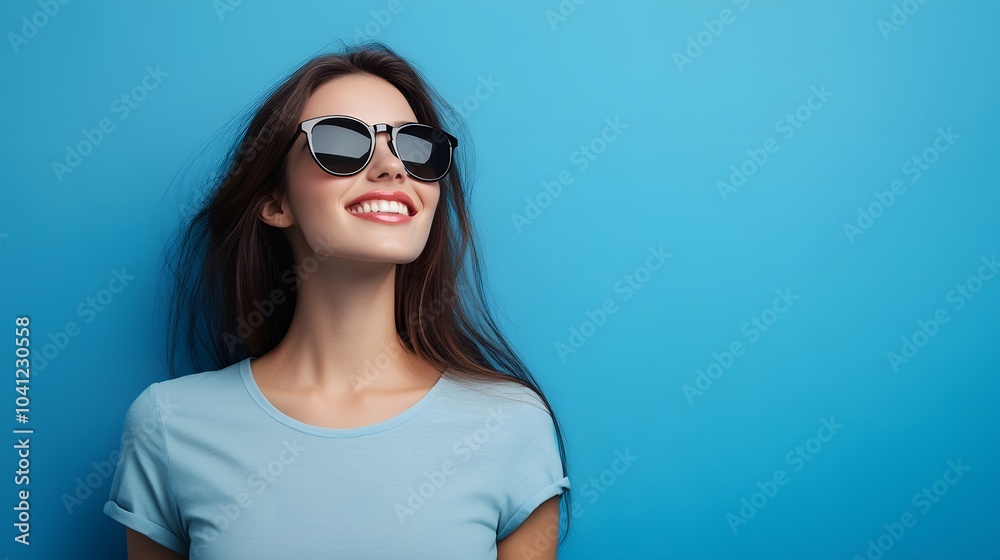 beautiful young woman in sunglasses standing in front of wonderful blue background. beautiful young woman in sunglasses standing in front of wonderful blue background.