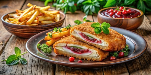 Delicious Schnitzel Cordon Bleu with French Fries and Lingonberry Sauce - A Culinary Delight