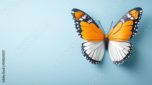 Stunning paper craft butterfly in vibrant colors on soft blue background