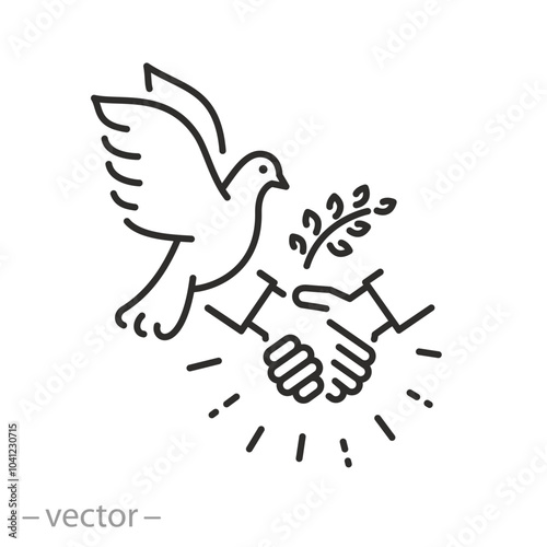 truce icon, peace dove and handshake, reconciliation thin line symbol on white background - editable stroke vector illustration