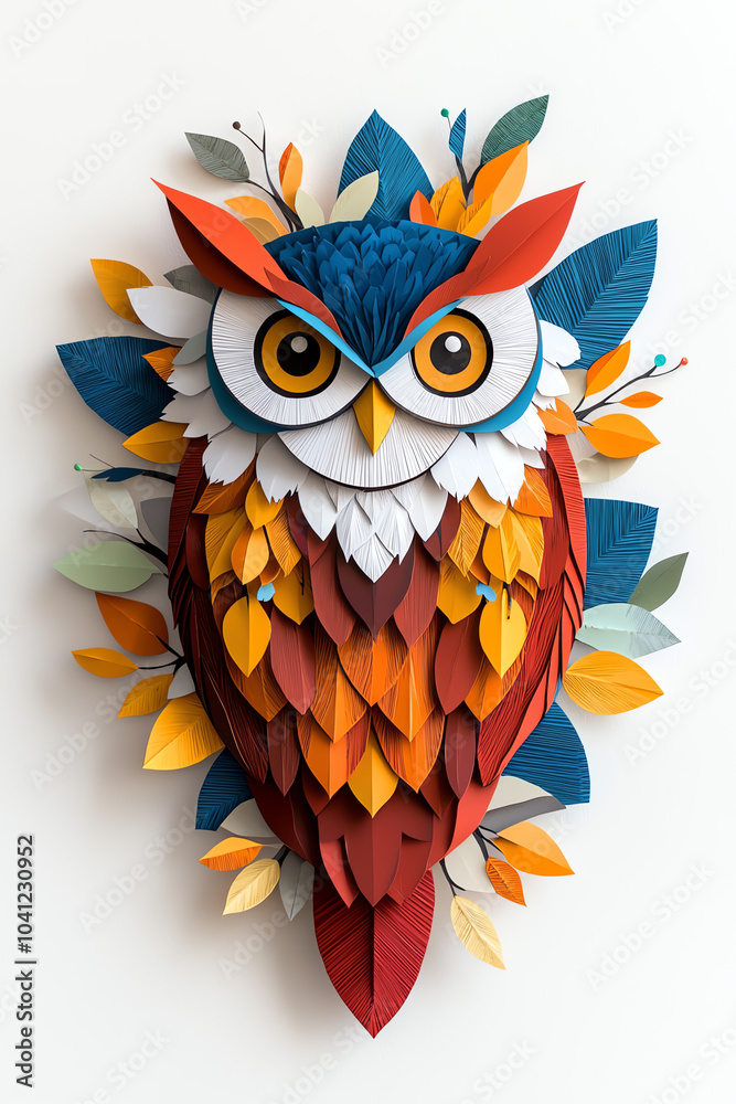 Fototapeta premium Vibrant paper art a stunning owl crafted from colorful layers and nature-inspired elements